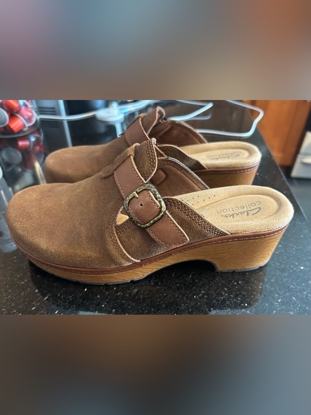 Clarks Women's Paizlee Nora Dress Clog Mules -Tan Suede with Buckle
